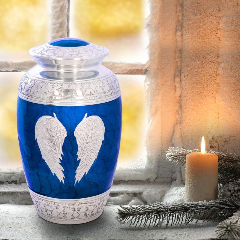 Divit Shilp Cremation Urn for Human Ashes with Satin Bag, for Adults up to 200 lbs | Large Handcrafted Funeral Urns (Blue Angel Wings, Adult) - Image 4